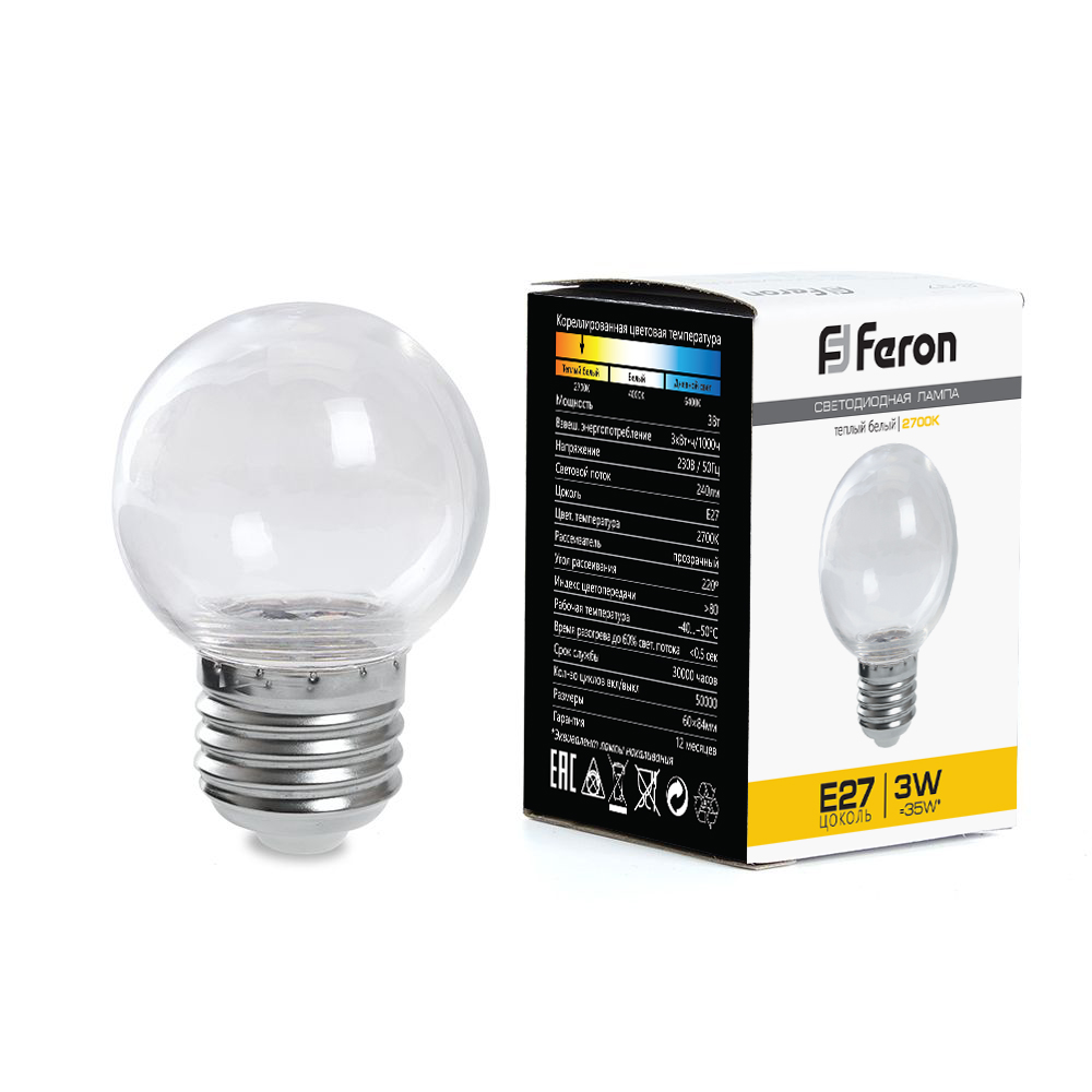 Лампа светодиодная Feron LB-371 Шар E27 3W 230V 2700K прозрачный