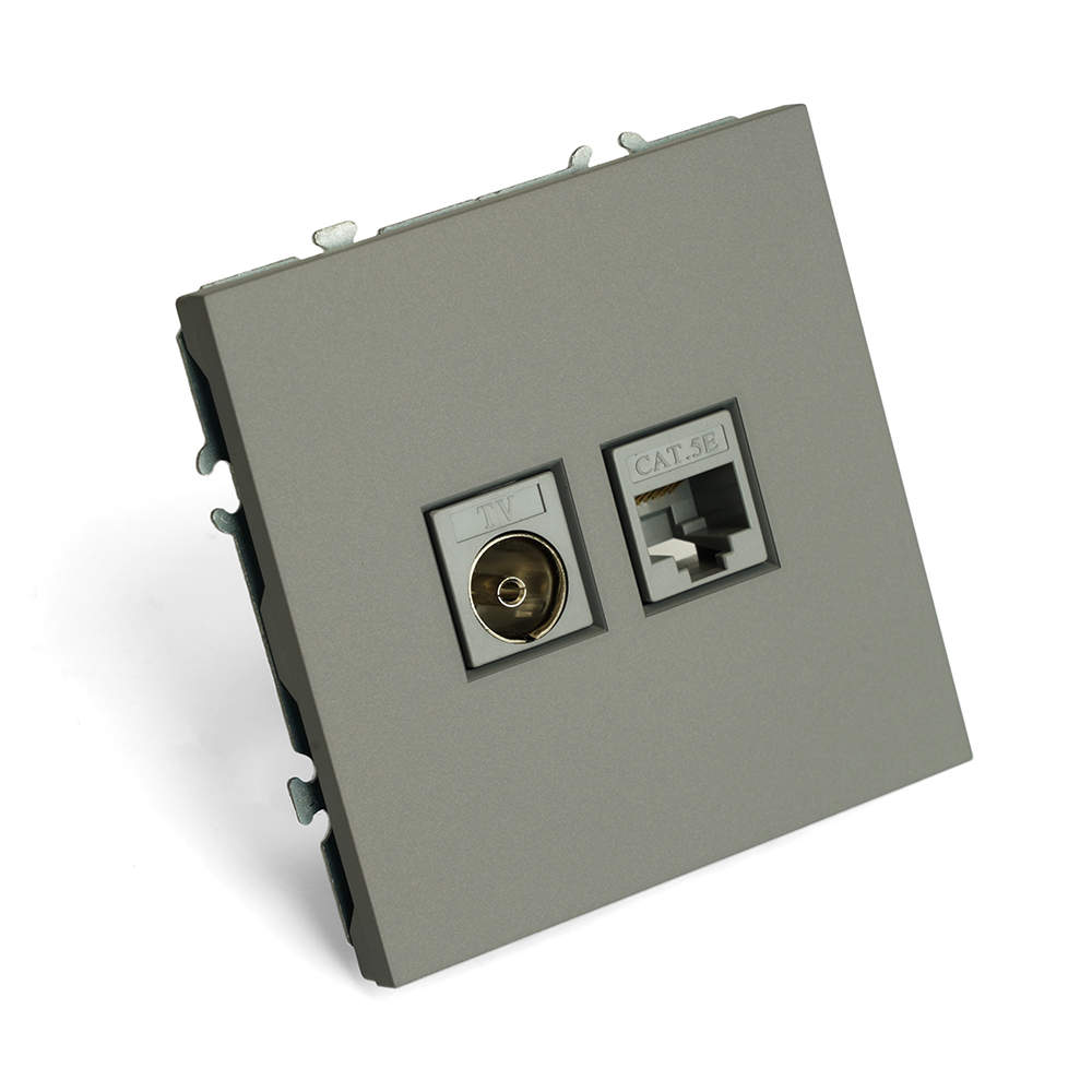 Розетка TV + компьютерная RJ-45 (механизм), STEKKER, серия Эмили, RST00-5106-10, платиново-серый, soft touch