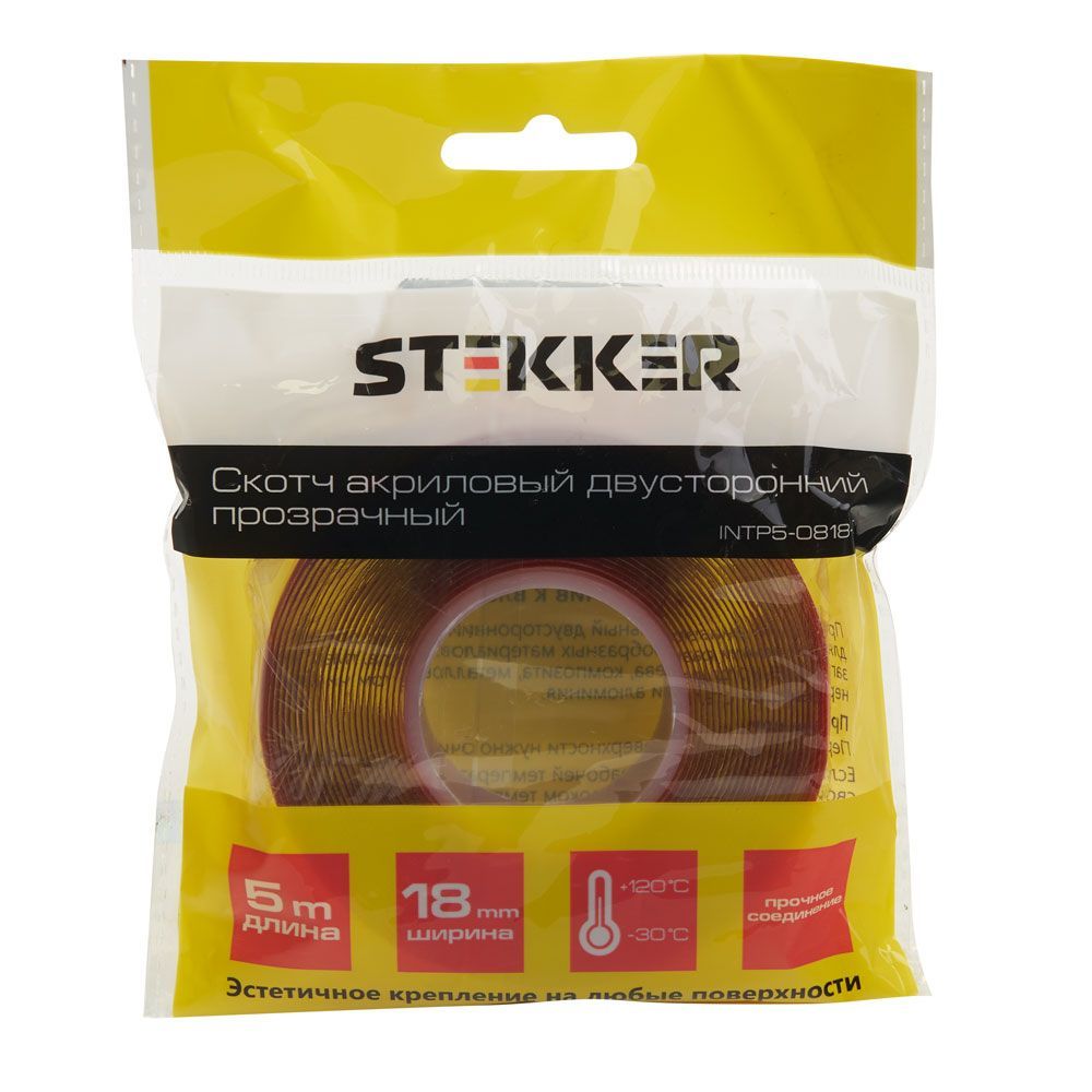 Скотч акриловый двусторонний STEKKER INTP5-0818-5 0,8*18 мм,длина 5м, прозрачный , красная подложка