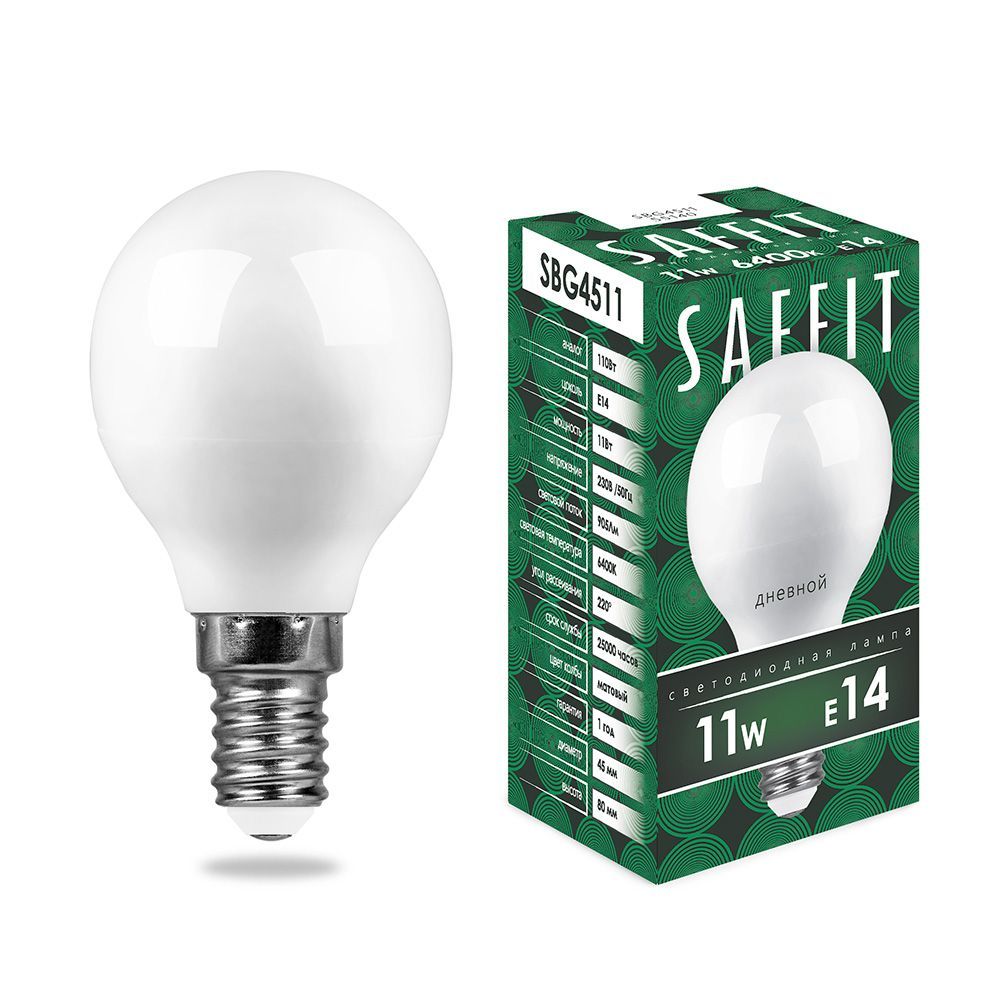 Лампа светодиодная SAFFIT SBG4511 Шарик E14 11W 230V 6400K