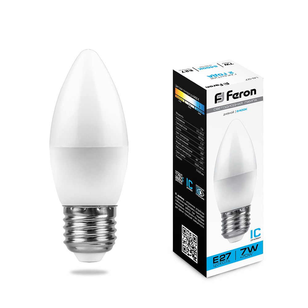 Лампа светодиодная Feron LB-97 Свеча E27 7W 175-265V 6400K