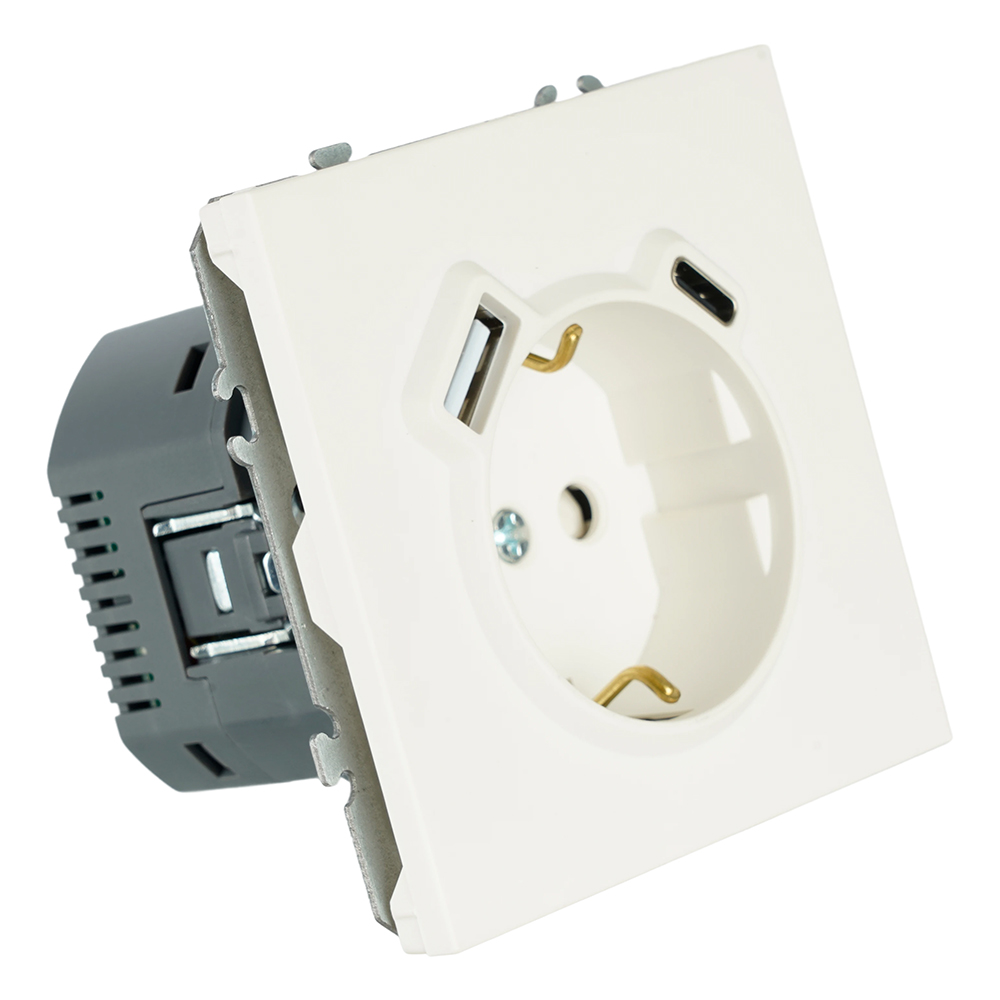 Розетка 1-местная з/ш с/з 16А + USB + Type C (механизм), Stekker, 250В, 20W, серия Эмили, белый фарфор, soft-touch, RST16-5119-01
