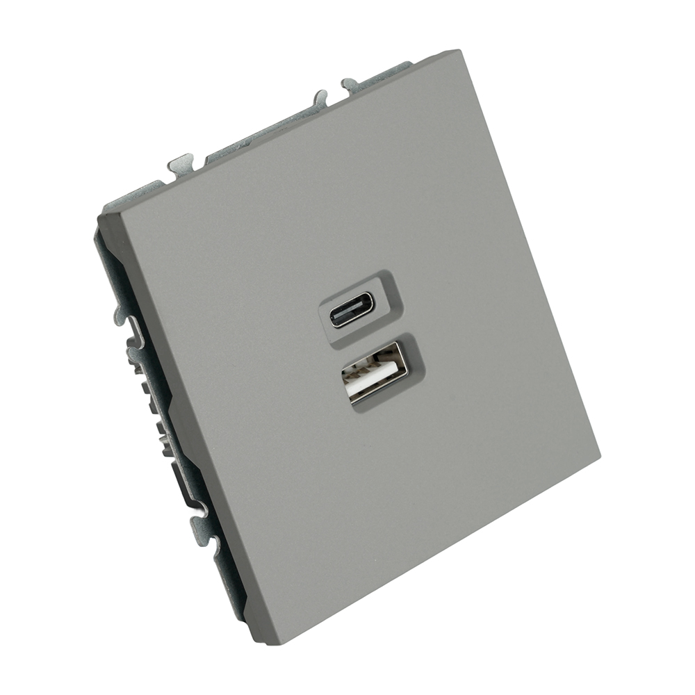 Розетка 2-местная USB + Type C (механизм), STEKKER, 250В, 20W, серия Эмили, RST10-5115-10, платиново-серый, soft touch