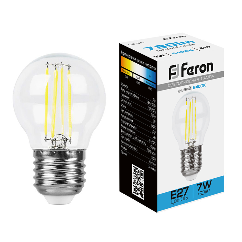 Лампа светодиодная Feron LB-52 Шарик E27 7W 230V 6400K
