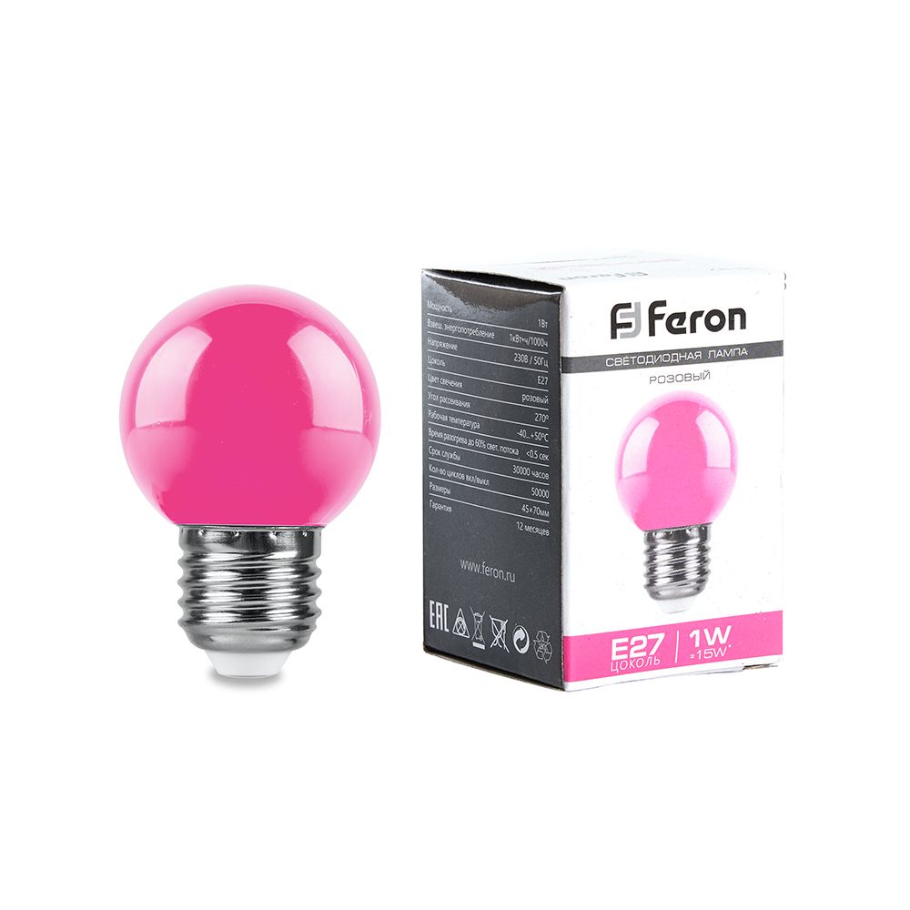 Лампа светодиодная Feron LB-37 Шарик E27 1W 230V Розовый