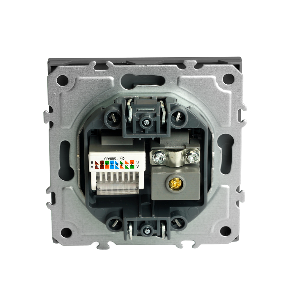 Розетка TV + компьютерная RJ-45 (механизм), STEKKER, серия Эмили, RST00-5106-10, платиново-серый, soft touch
