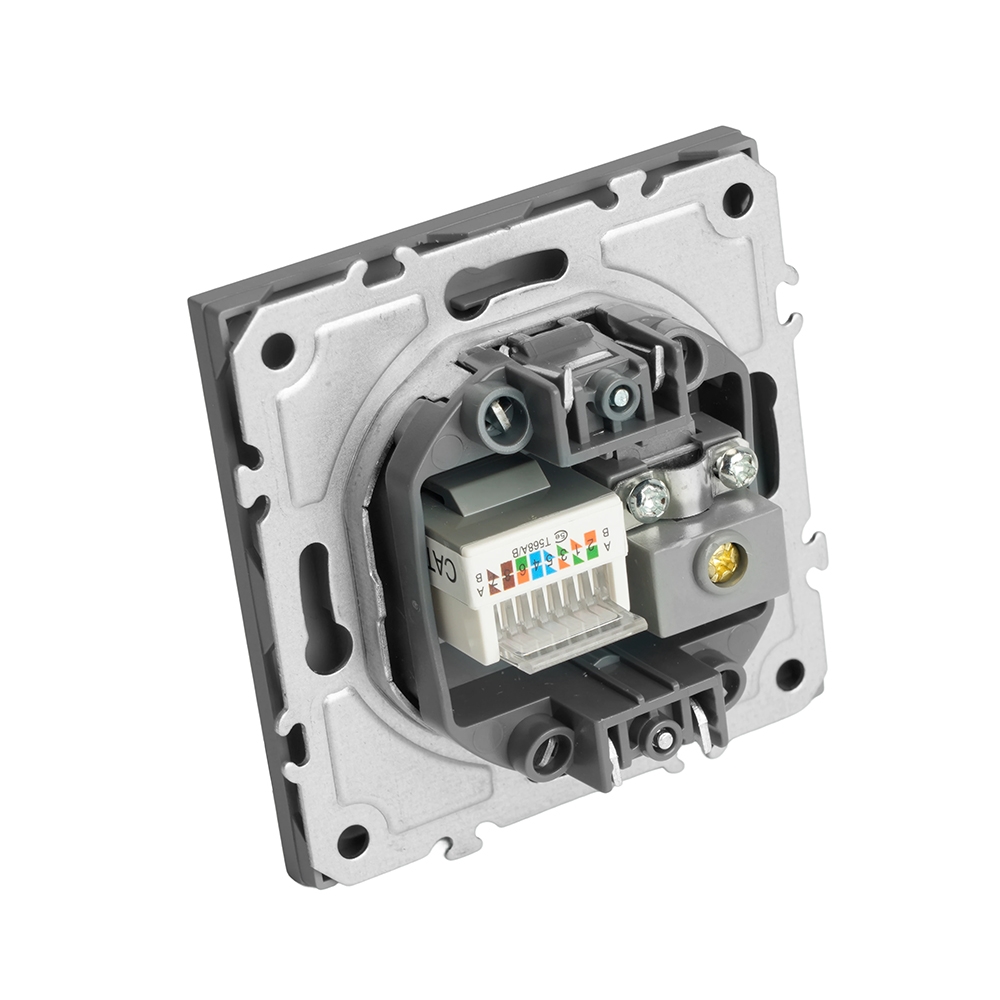 Розетка TV + компьютерная RJ-45 (механизм), STEKKER, серия Эмили, RST00-5106-10, платиново-серый, soft touch