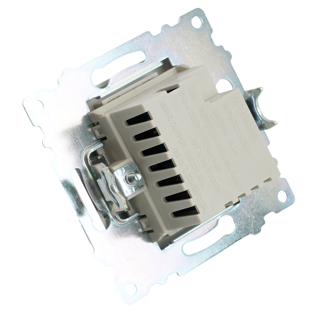Розетка 2-местная USB + type C (механизм)), STEKKER GLS10-7116-03 , 250B, 3А, max 20W, серия Катрин, серебро