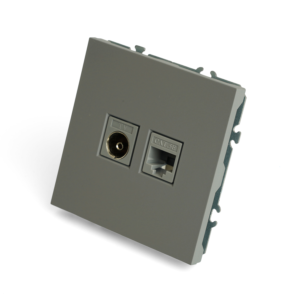 Розетка TV + компьютерная RJ-45 (механизм), STEKKER, серия Эмили, RST00-5106-10, платиново-серый, soft touch