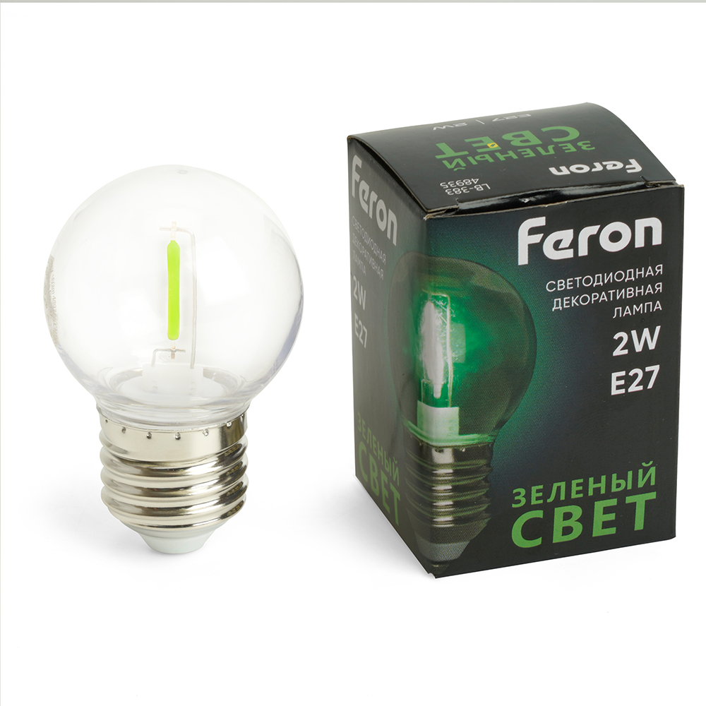 Лампа светодиодная Feron LB-383 Шарик прозрачный E27 2W 230V зеленый