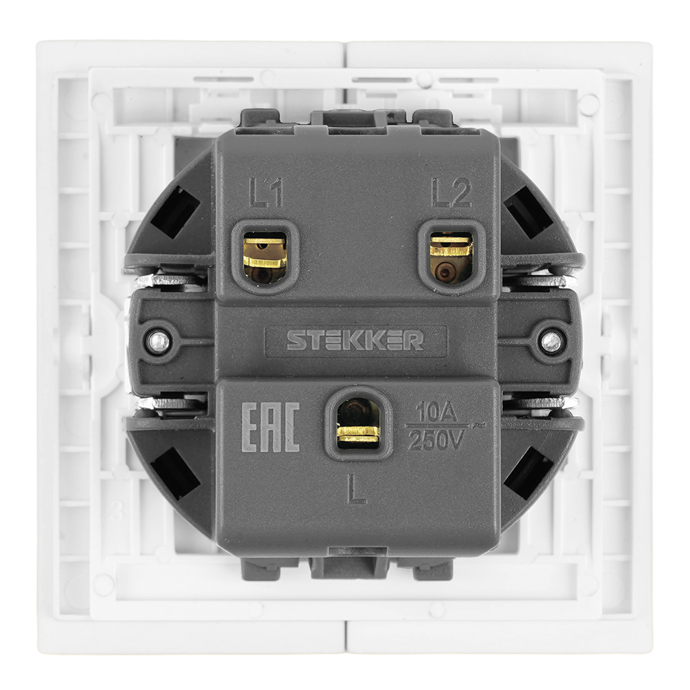 Выключатель 2-клавишный (механизм), STEKKER, 250В, 10А, серия Мия, RSW10-3104-01, белая магнолия