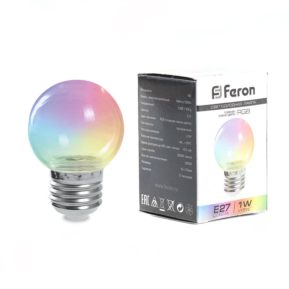 Лампа светодиодная Feron LB-371 Шар прозрачный E27 3W 230V RGB плавная смена цвета