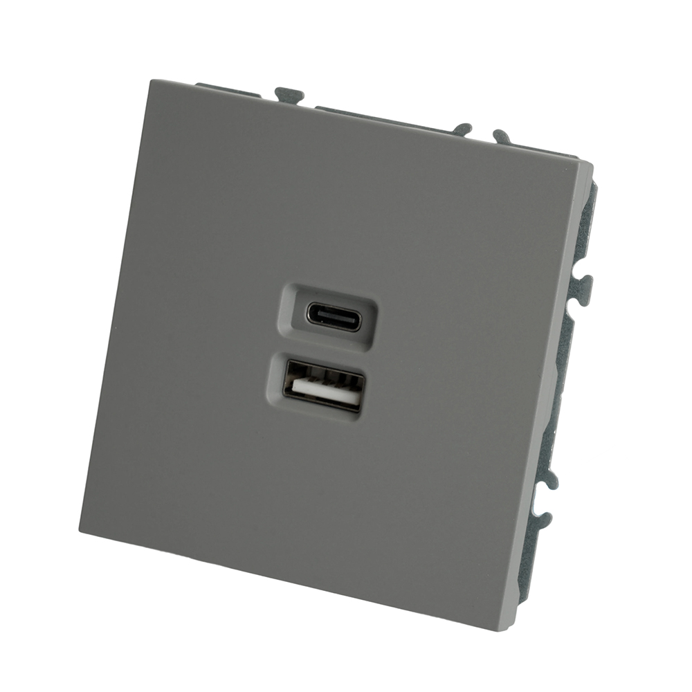 Розетка 2-местная USB + Type C (механизм), STEKKER, 250В, 20W, серия Эмили, RST10-5115-10, платиново-серый, soft touch