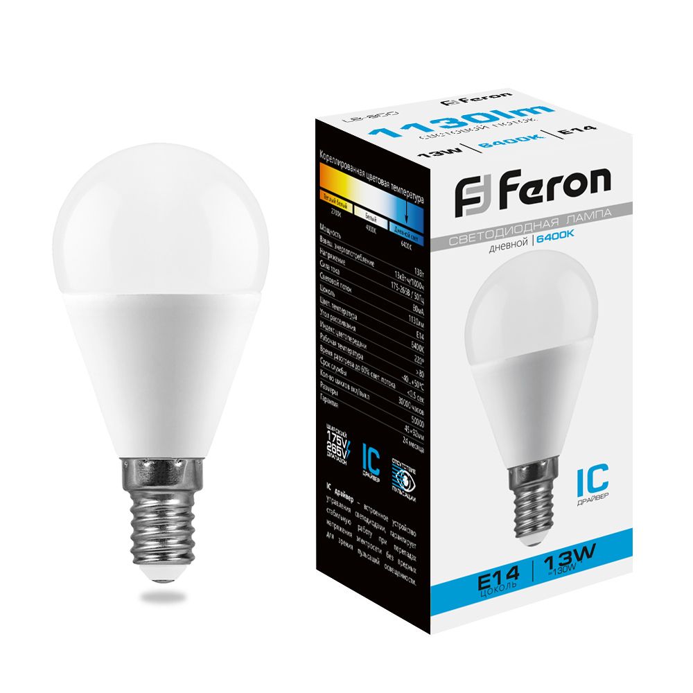Лампа светодиодная Feron LB-950 Шарик E14 13W 175-265V 6400K