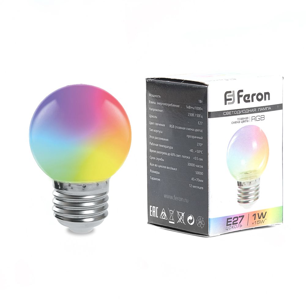 Лампа светодиодная Feron LB-37 Шарик матовый E27 1W 230V RGB быстрая смена цвета