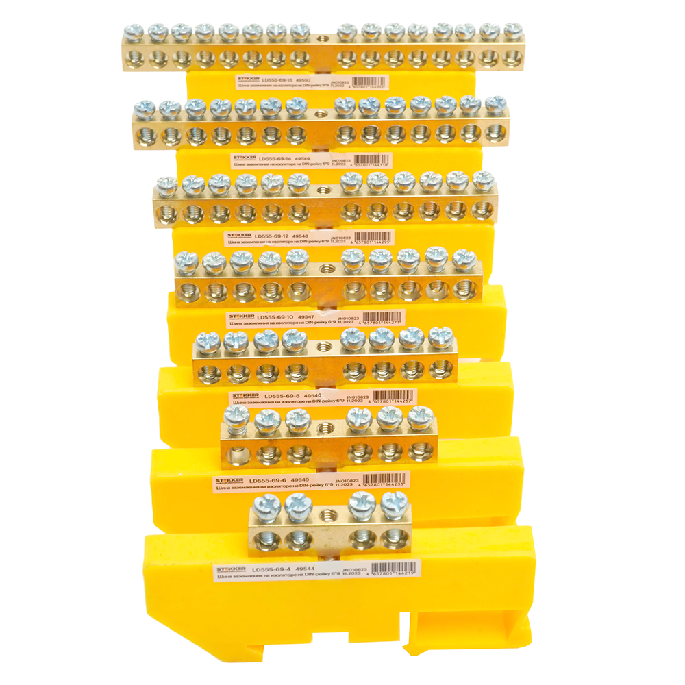 Шина "PE" на изоляторе 6*9 на DIN-рейку 6 выводов, желтый, LD555-69-6