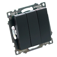 Выключатель 3-клавишный (механизм), STEKKER GLS10-7108-05, 250V, 10А, серия Катрин, черный 49172 Выключатель 3-клавишный (механизм), STEKKER GLS10-7108-05, 250V, 10А, серия Катрин, черный 49172