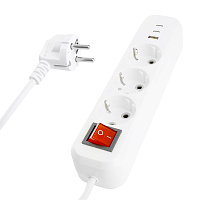 Удлинитель 3-местный с/з с выключ. STEKKER HM071-31-02 3x1мм2, 2м, 250В, 16А, 1USB+2C, 2.4A, сер Home, белый 50136