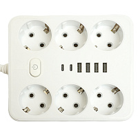 Удлинитель 6-местный c/з 3x1 мм2, 1,8 м, 250В, 10А, 4USB+2Type-C 2,4А, серия Home plus, белый STEKKER HM09-66-02 49975 Удлинитель 6-местный c/з 3x1 мм2, 1,8 м, 250В, 10А, 4USB+2Type-C 2,4А, серия Home plus, белый STEKKER HM09-66-02 49975