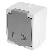Розетка 1-местная с крышкой с/з STEKKER, PST26-11-54, пластик АВS, 250В, 16А, IP54, белый/серый 49727