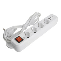 Удлинитель 4-местный с/з с выключ. STEKKER HM071-41-05 3x1мм2, 5м, 250В, 16А, 1USB+2C, 2.4A, сер Home, белый 50141