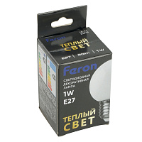 Лампа светодиодная Feron LB-37 Шарик матовый E27 1W 230V 2700K 25878 Лампа светодиодная Feron LB-37 Шарик матовый E27 1W 230V 2700K 25878
