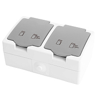 Розетка 2-местная с крышкой с/з STEKKER PST16-22-54, пластик АВS, 250В, 16А, IP54,  белый/серый 49730