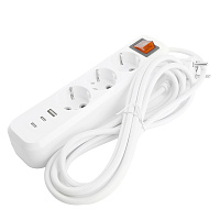 Удлинитель 3-местный с/з с выключ. STEKKER HM071-31-02 3x1мм2, 2м, 250В, 16А, 1USB+2C, 2.4A, сер Home, белый 50136