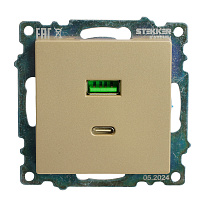 Розетка 2-местная USB + type C (механизм), 250В, 3А, max 20W, STEKKER, GLS10-7116-08, серия Катрин, золото 50053 Розетка 2-местная USB + type C (механизм), 250В, 3А, max 20W, STEKKER, GLS10-7116-08, серия Катрин, золото 50053