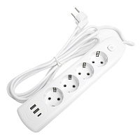 Удлинитель 4-местный c/з 3x1 мм2, 3 м, 250В, 10А, 2USB+1Type-C 2,4А, серия Home plus, белый STEKKER HM08-43-02 49978