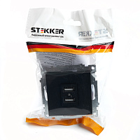 Розетка USB 2-местная (механизм), STEKKER GLS10-7115-05, 250B, 2,1А, серия Катрин, черный 39616 Розетка USB 2-местная (механизм), STEKKER GLS10-7115-05, 250B, 2,1А, серия Катрин, черный 39616