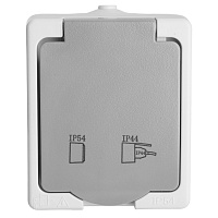Розетка 1-местная с крышкой с/з STEKKER, PST26-11-54, пластик АВS, 250В, 16А, IP54, белый/серый 49727